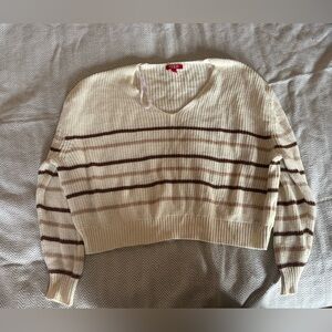 Guess Cream and Brown Loose Knit Striped V-Neck Sweater Size XS
